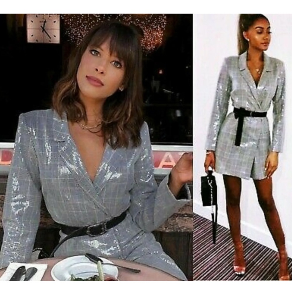 ZARA HOUNDSTOOTH PLAIN GREY SEQUIN Long Sleeve BLAZER DRESS SIZE XS NEW